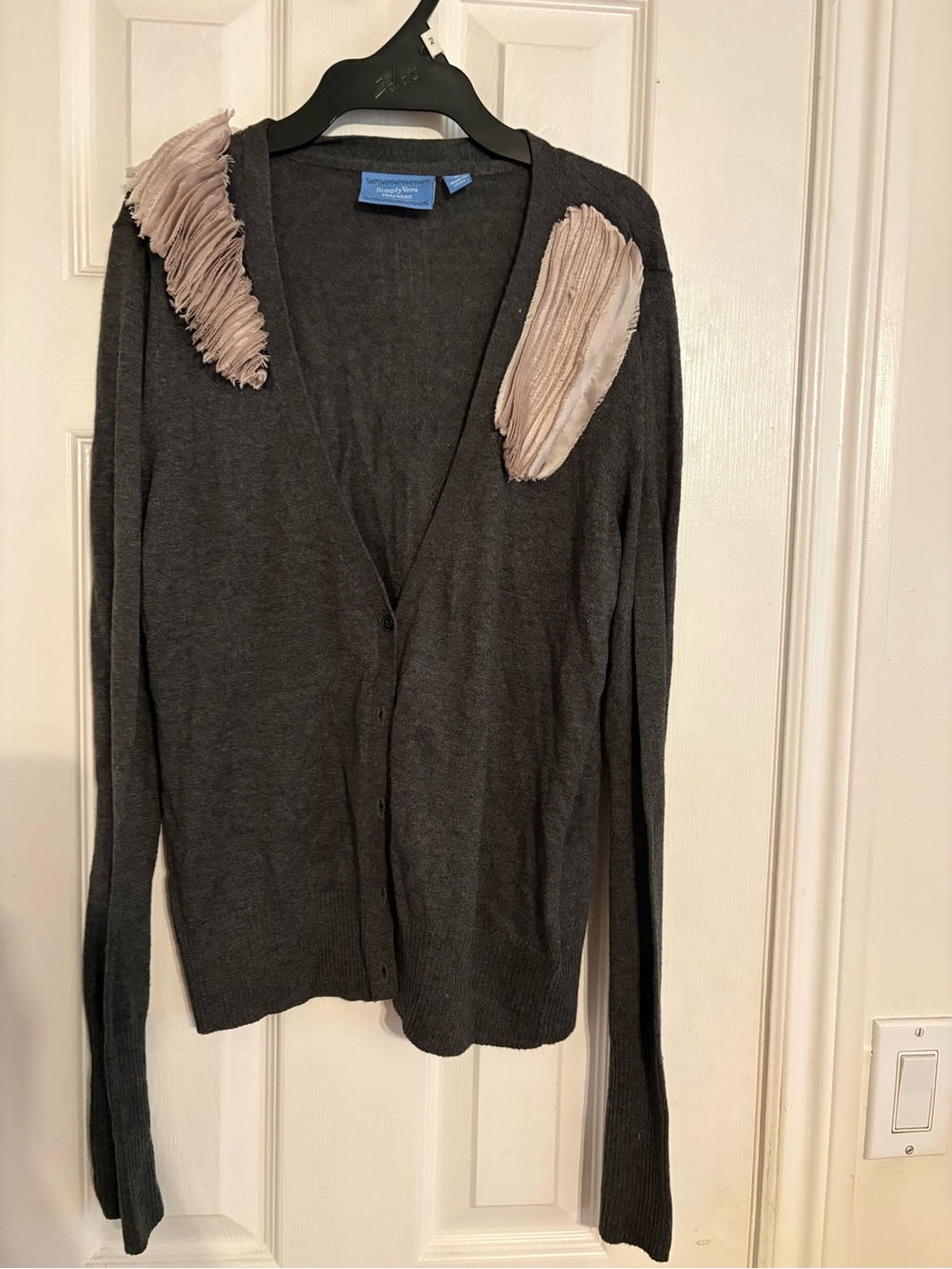Simply Vera Vera Wang Gray Cardigan with Cream Pleated Shoulder Accents